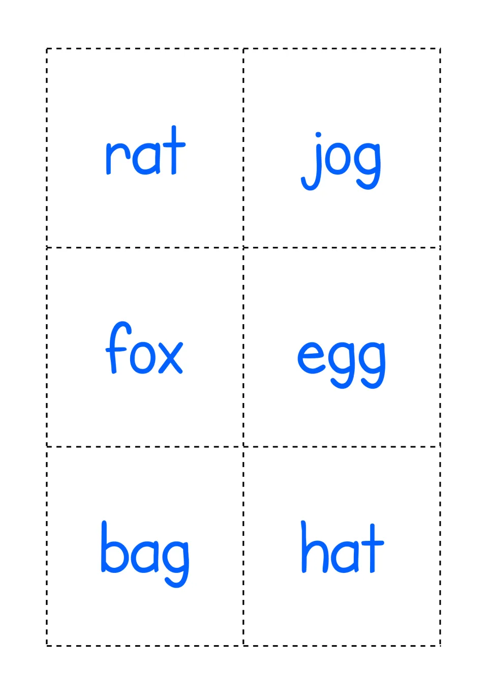 Blue word cards to cut out for reading short-vowel words: rat, jog, fox, egg, bag and hat, used in Snap and Old Maid