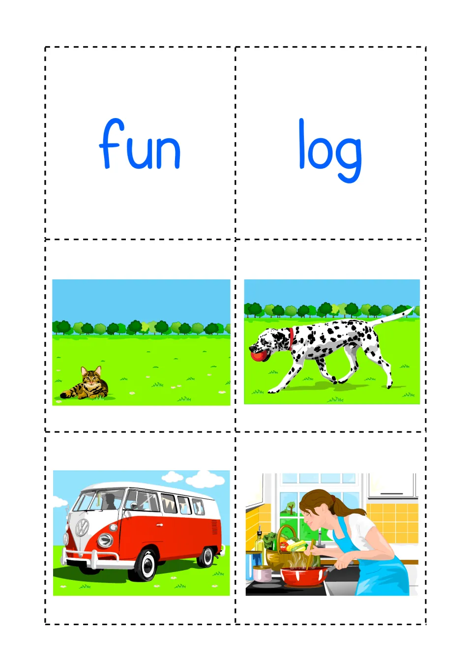 Blue fun and log word cards with picture cards of a cat in a field, a dog with a ball, a red van and a woman with a pan