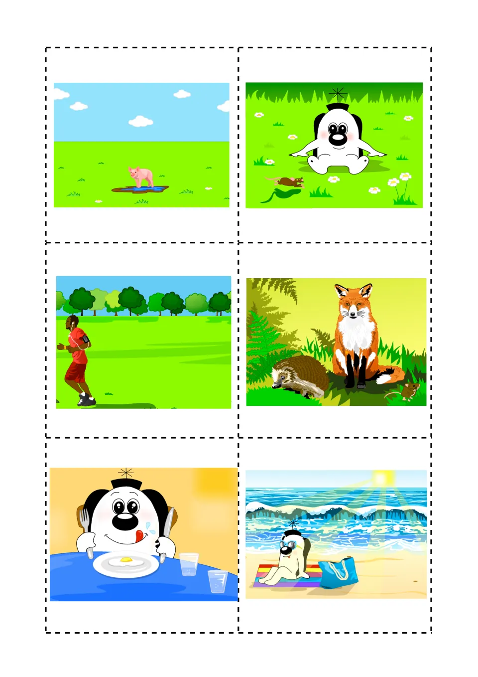 Picture cards to match to words: pig in mud, a character with a rat, man jogging, fox, an egg on a plate and a beach bag