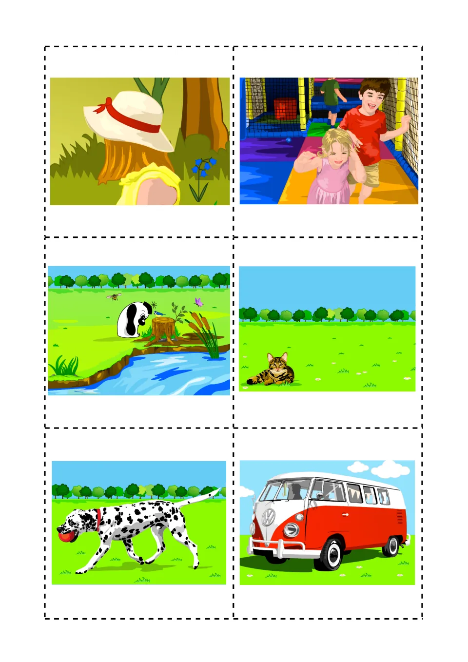 Picture cards for word matching: girl in a hat, children having fun in a play area, character by a log, a cat, dog and van