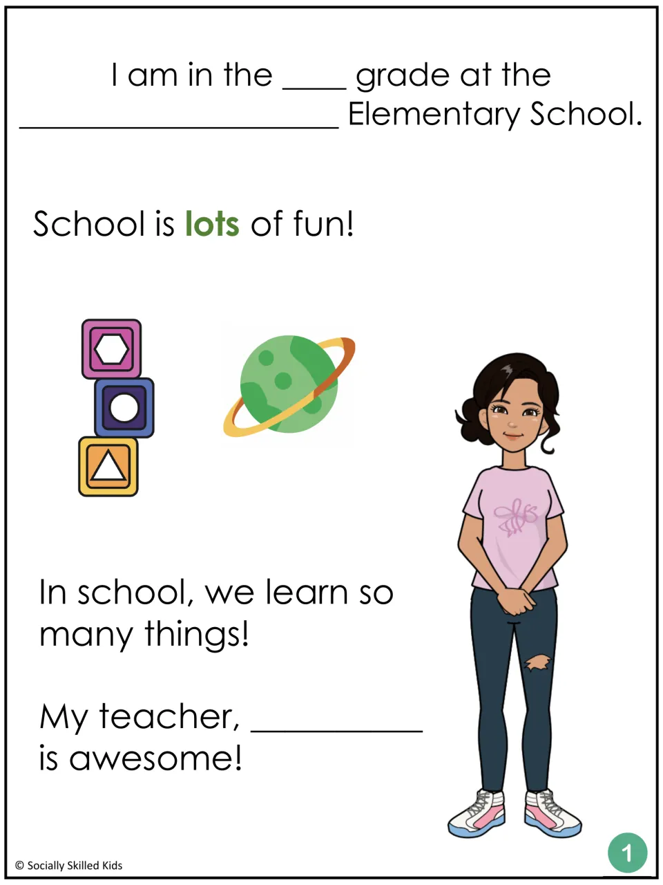 Story page 1: students fill in their grade, school and teacher's name beside a girl, shape blocks and planet clip art