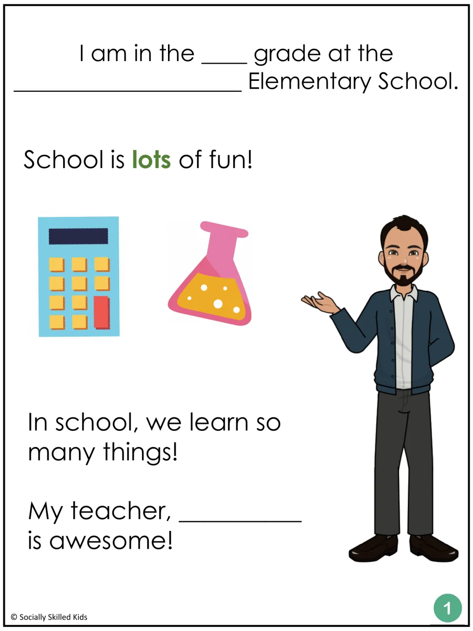 Alternate story page 1 with the same grade, school and teacher fill-ins, shown with a man, a calculator and a flask