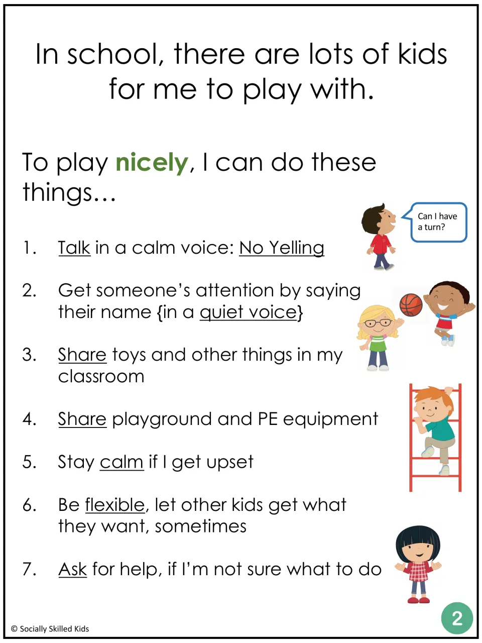 Playing nicely: seven things I can do, like talk calmly, share toys and PE equipment, stay calm and ask for help