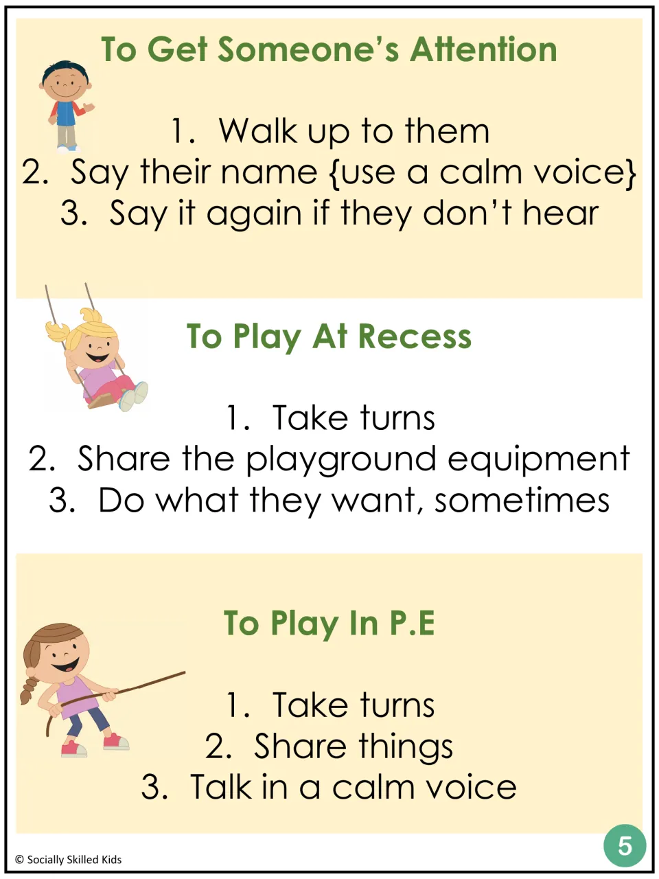 Three-step play strategies for getting someone's attention, playing at recess and playing in P.E., like taking turns