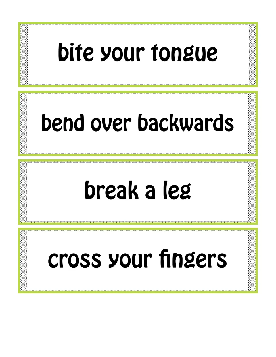 Idiom cards 5–8: bite your tongue, bend over backwards, break a leg, and cross your fingers