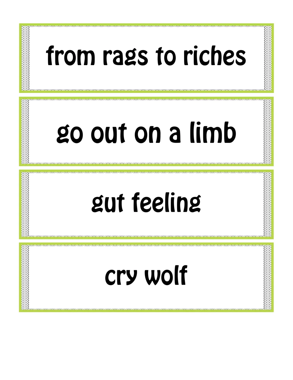 Idiom cards 9–12: from rags to riches, go out on a limb, gut feeling, and cry wolf