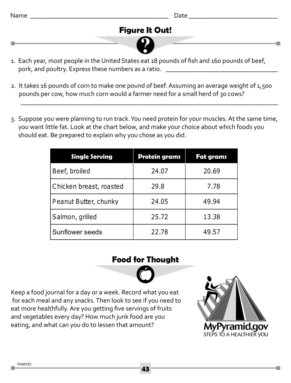 'Figure It Out!' math: meat-to-fish ratio, corn for 30 cows, and a protein and fat chart; plus a food journal task