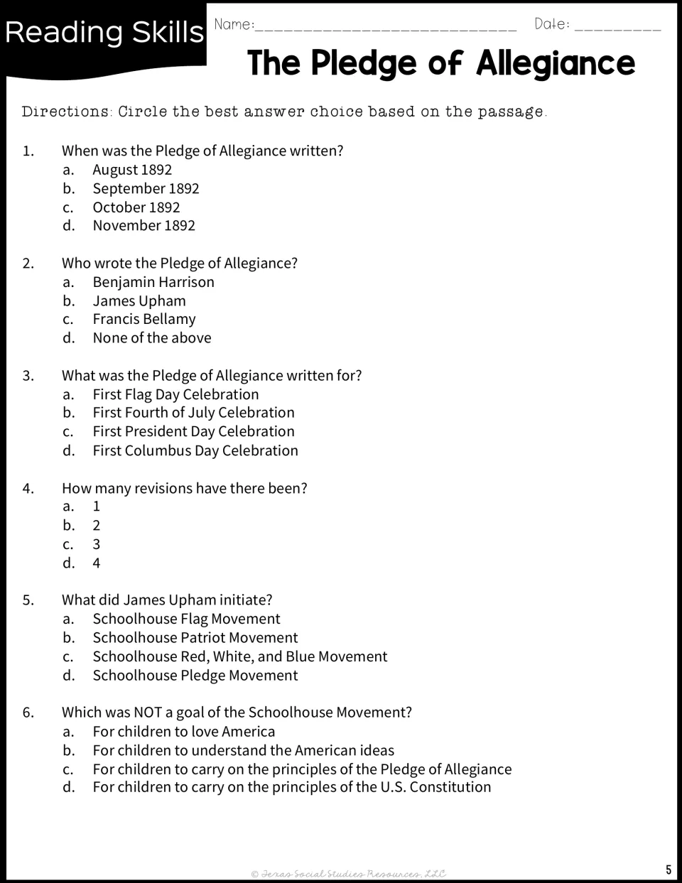 Questions 1–6 assess the pledge's date, author, purpose, revisions, and the Schoolhouse Flag Movement