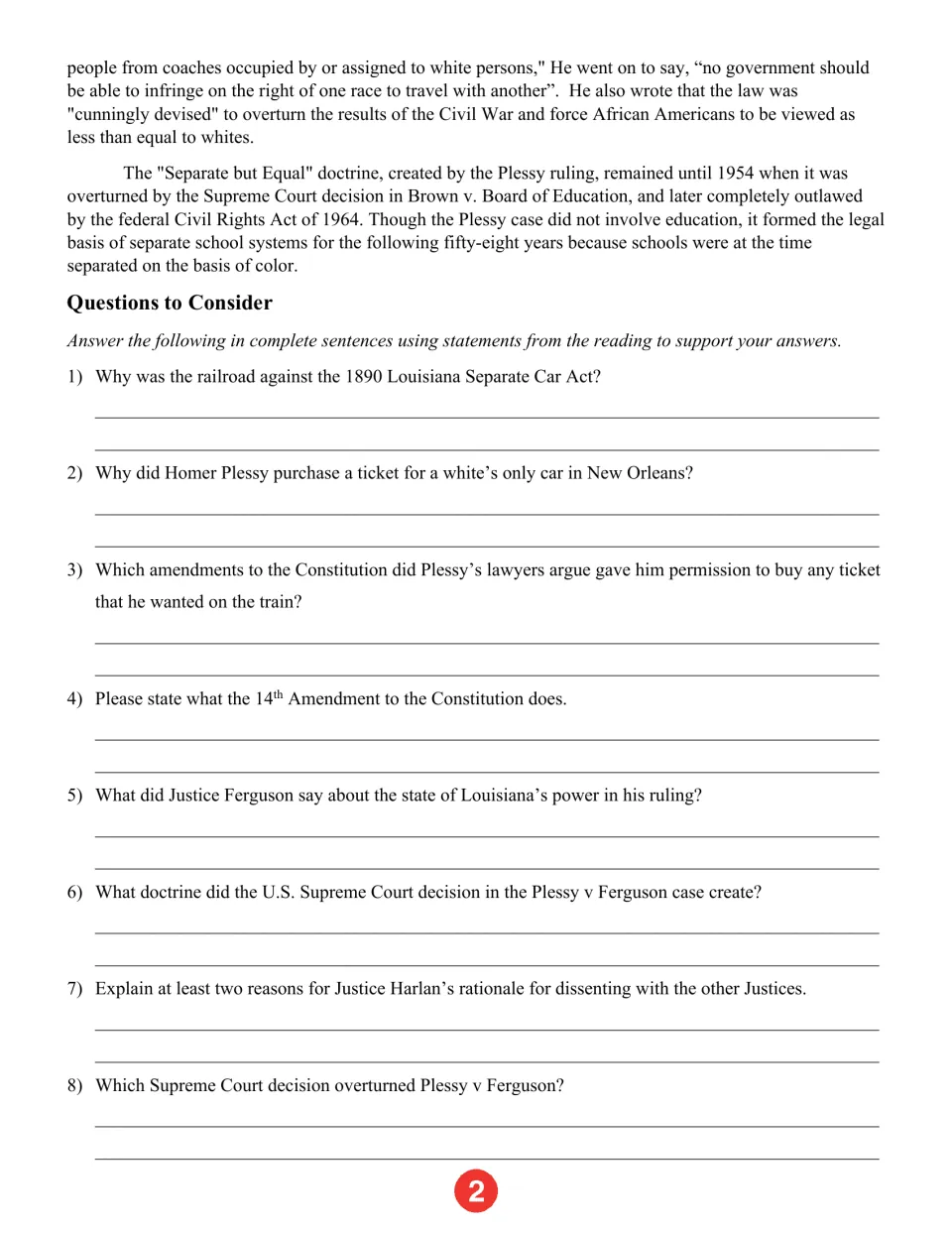 Reading ends with Brown v. Board; 8 questions ask students to cite text on the railroad, 14th Amendment, doctrine and Harlan