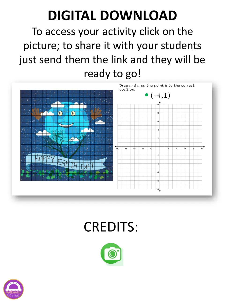 Digital access instructions for the 20-point Earth Day activity, showing a drag-and-drop prompt for (-4, 1).