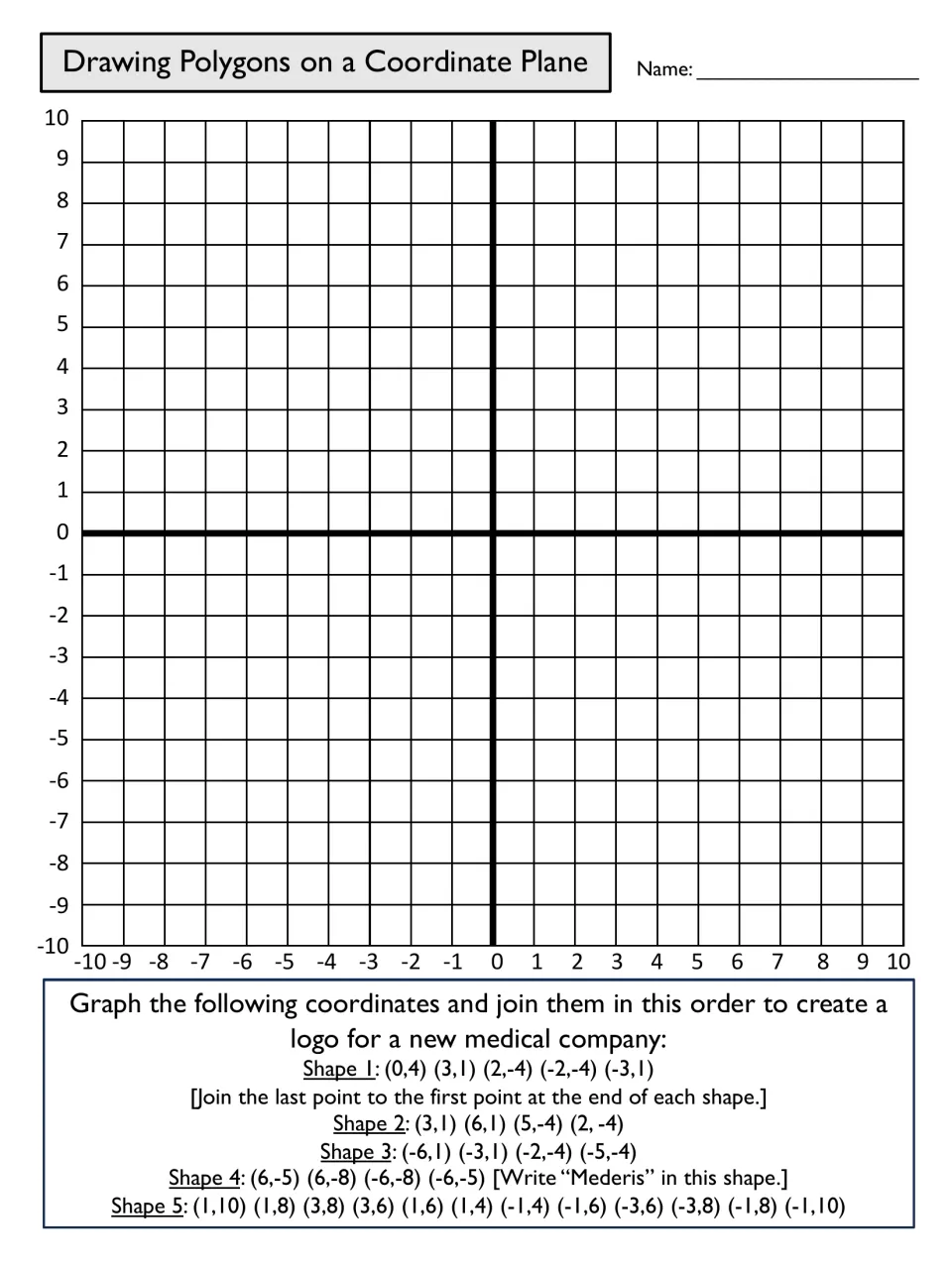 Plotting integer coordinates: students graph and join points for 5 shapes in 4 quadrants to build a medical company logo