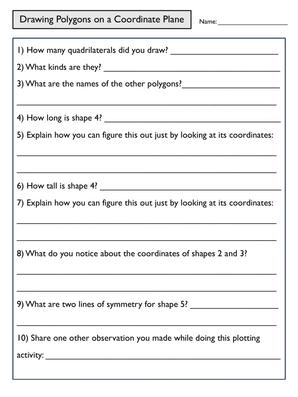 Logo follow-up questions: students name quadrilaterals, find shape 4's length and height, give shape 5's symmetry lines