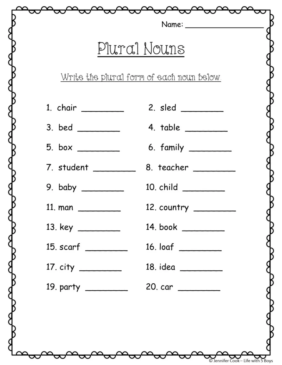 Plural noun practice asking students to write plurals for 20 nouns, including chair, family, child, and loaf