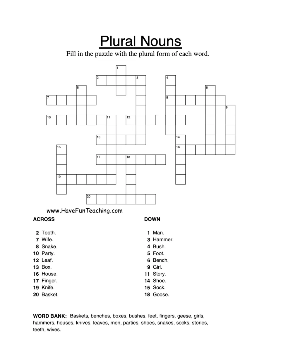 Plural nouns crossword: students write the plural of 20 words like tooth, wife, party and goose, using a word bank