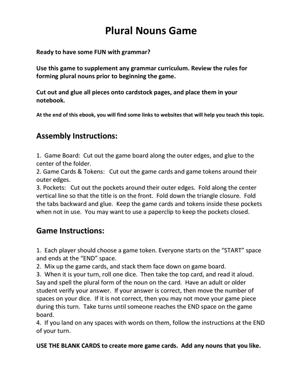 Game directions: assembly steps for the board, cards, tokens and pockets, then rules for saying and spelling plural nouns