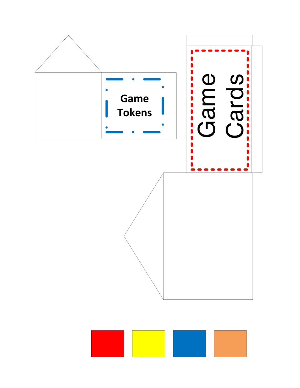 Cut-out pieces: fold-up storage pockets labeled Game Tokens and Game Cards, plus four colored squares as player tokens