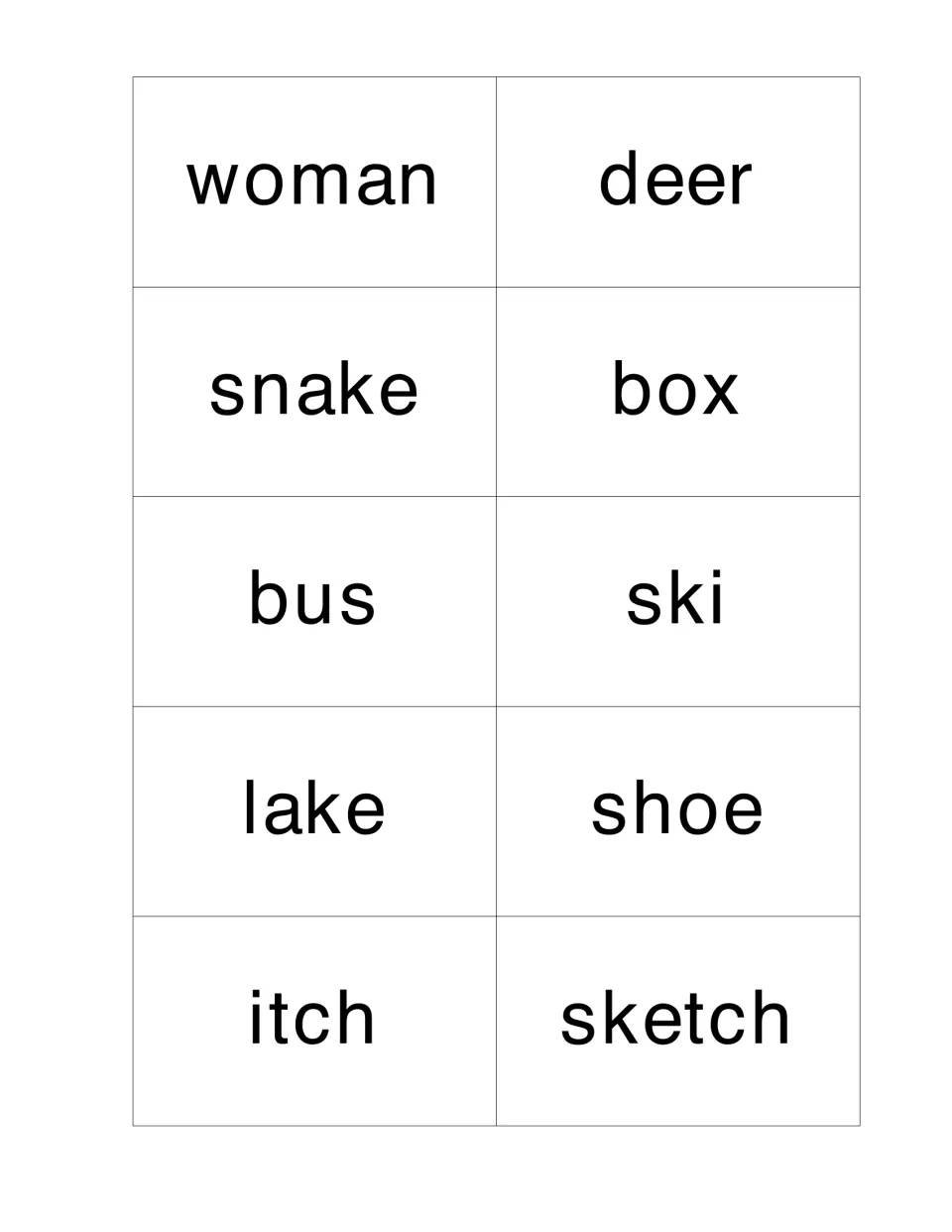 Noun cards to cut out: woman, deer, snake, box, bus, ski, lake, shoe, itch and sketch to say and spell as plurals