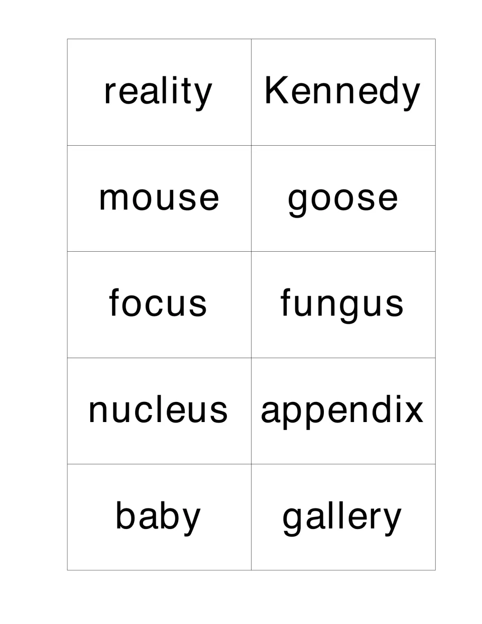 Noun cards: reality, Kennedy, mouse, goose, focus, fungus, nucleus, appendix, baby and gallery for forming plurals aloud