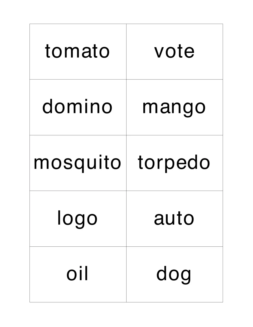 Noun cards: tomato, vote, domino, mango, mosquito, torpedo, logo, auto, oil and dog for saying and spelling each plural