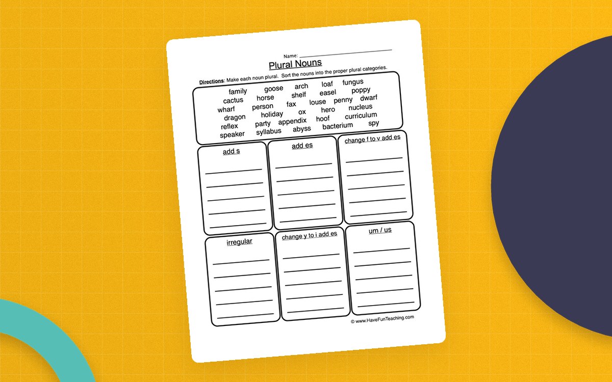 Plural Nouns Sort Worksheet preview: One-page singular-noun bank and plural-word sort