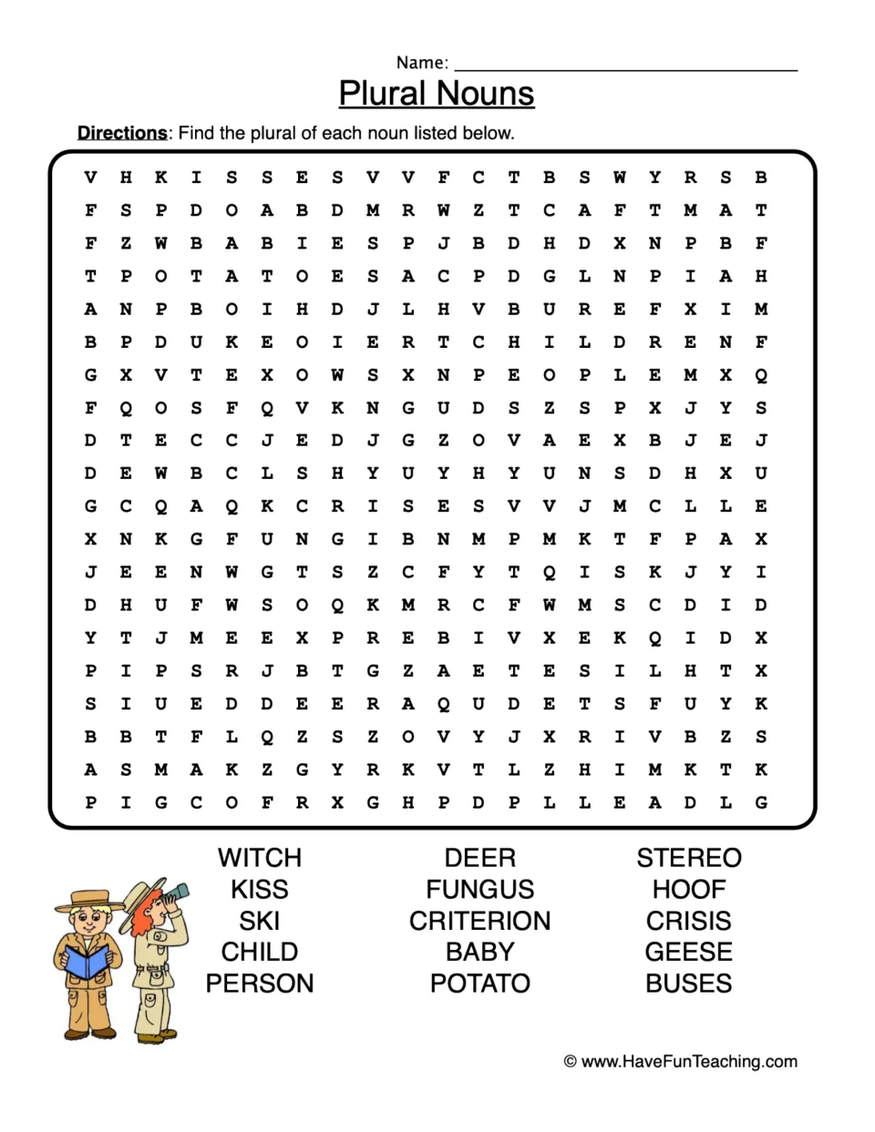 Plural noun word search: find plurals for witch, kiss, ski, child, person, deer, fungus and eight more clues