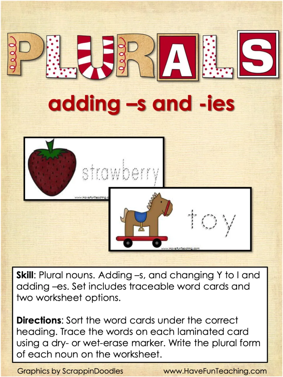 Plural noun activity cover with strawberry and toy sample cards and directions for sorting, tracing, and writing