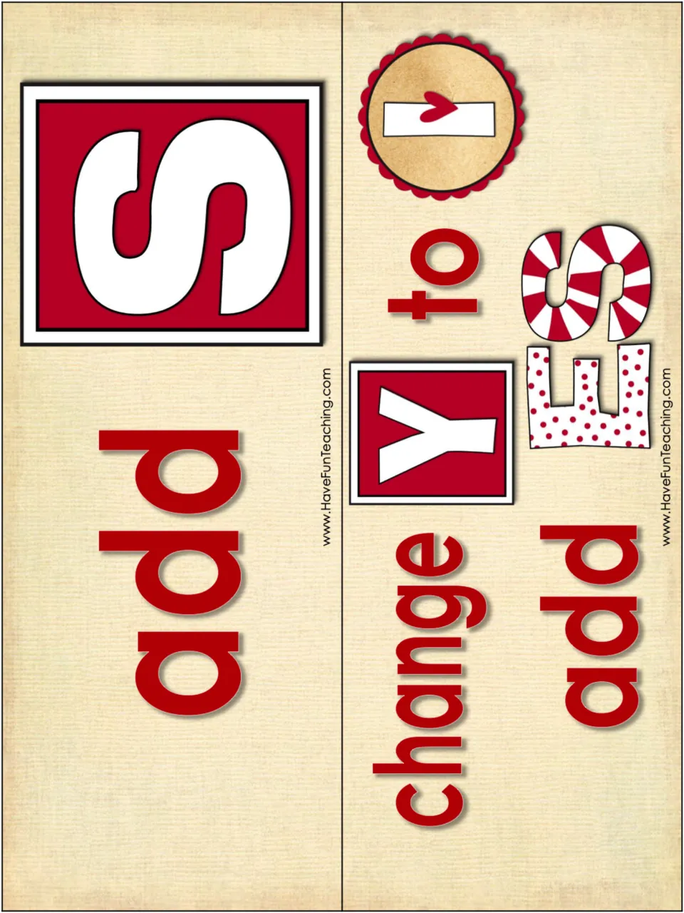 Plural noun sorting headings for the word cards: add S, or change Y to I and add ES to form the plurals