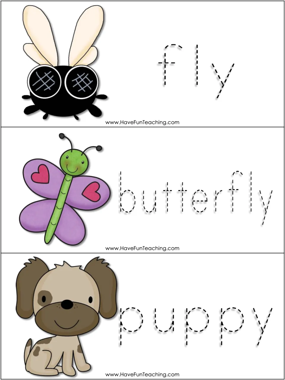 Plural noun word cards 1–3 of 15: fly, butterfly, and puppy, each with an illustration and a traceable word