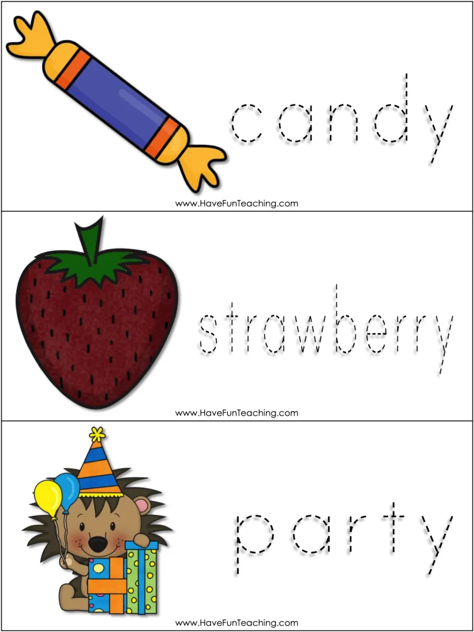 Plural noun word cards 4–6 of 15: candy, strawberry, and party, with pictures and traceable singular nouns
