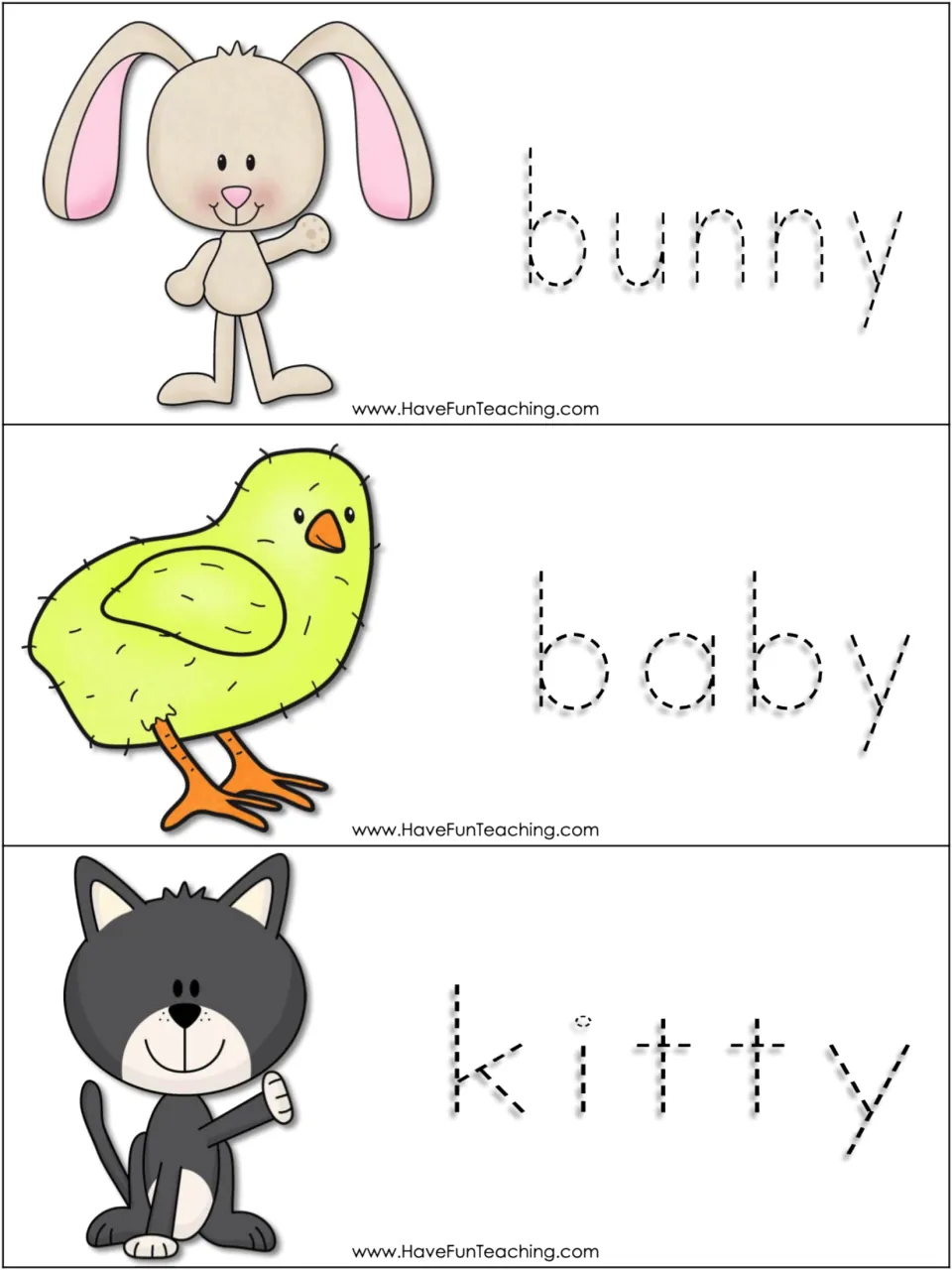 Plural noun word cards 7–9 of 15: bunny, baby, and kitty, with pictures and traceable words for sorting