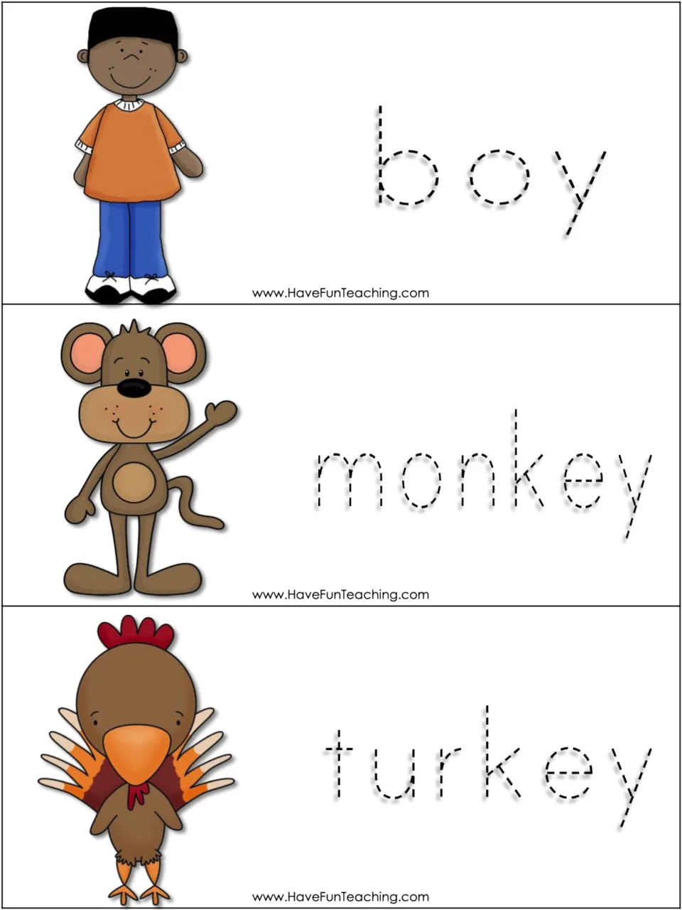 Plural noun word cards 10–12 of 15: boy, monkey, and turkey, with pictures and traceable singular nouns
