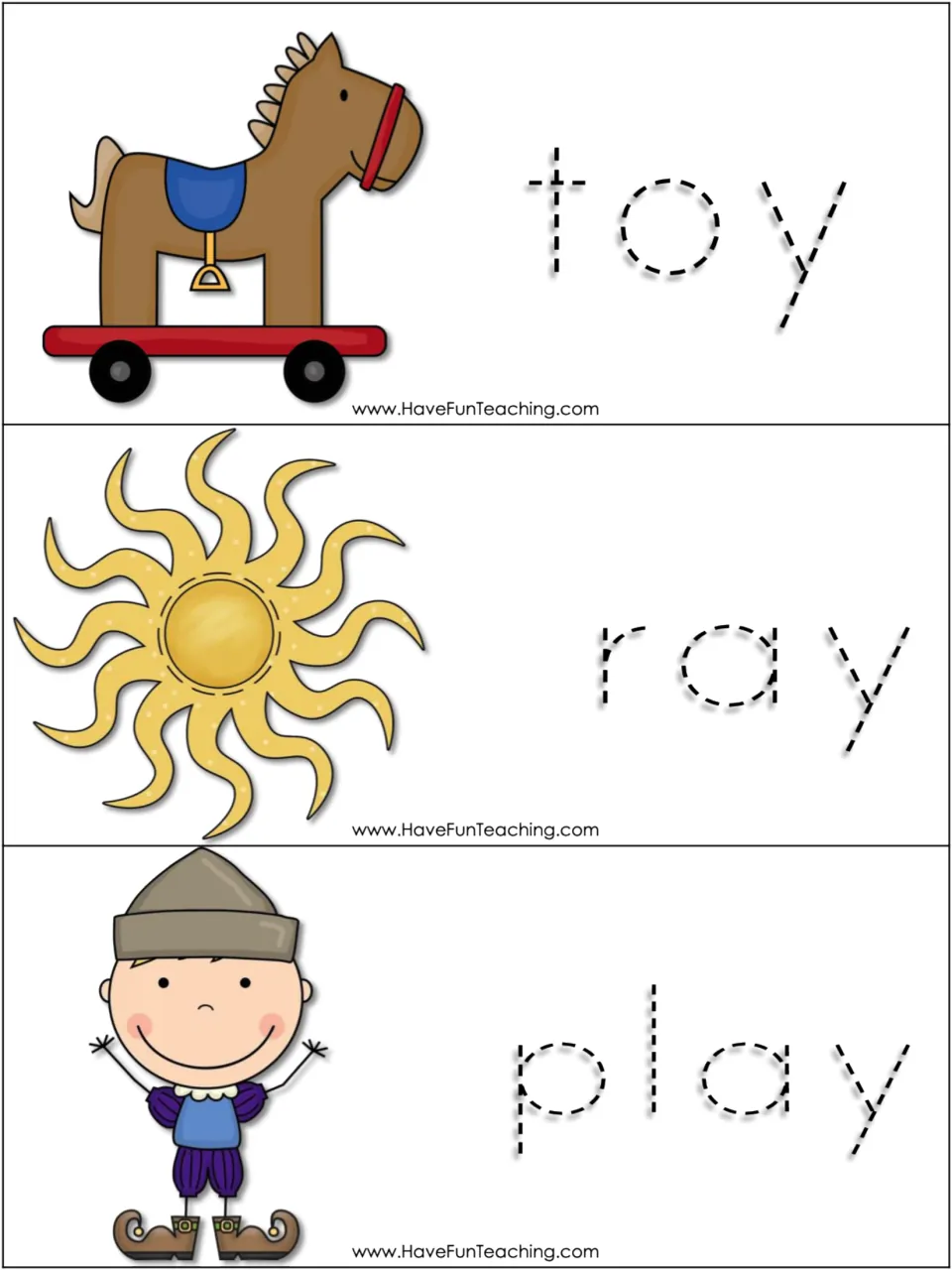 Plural noun word cards 13–15 of 15: toy, ray, and play, each with an illustration and a traceable word