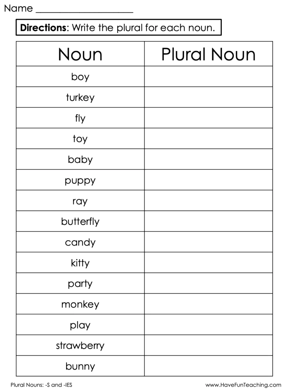 Plural noun writing worksheet for all 15 card words, including boy, turkey, fly, toy, baby, and puppy