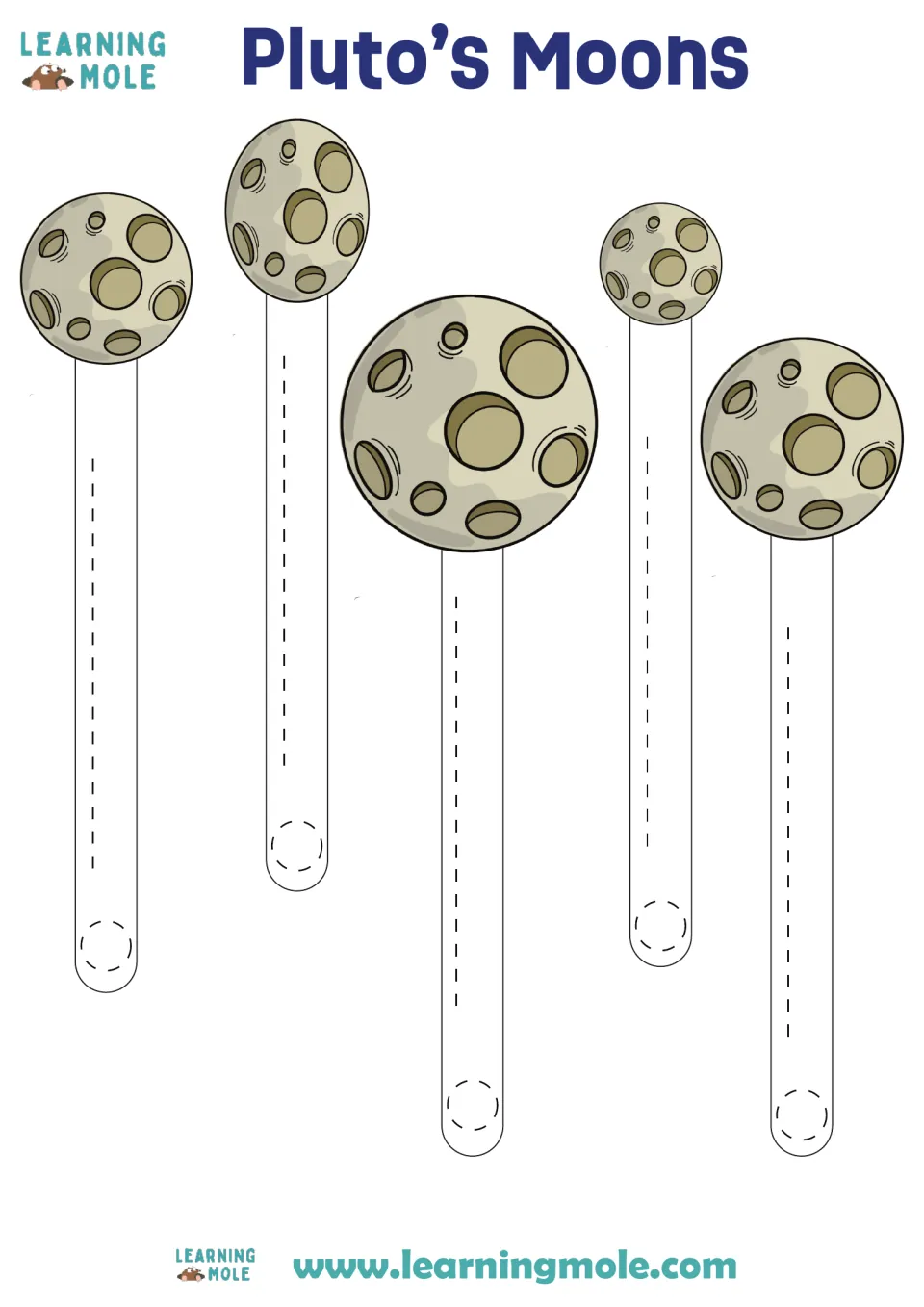 Pluto's Moons cut-out pieces: five cratered moons on long strips with dotted lines for writing each moon's name
