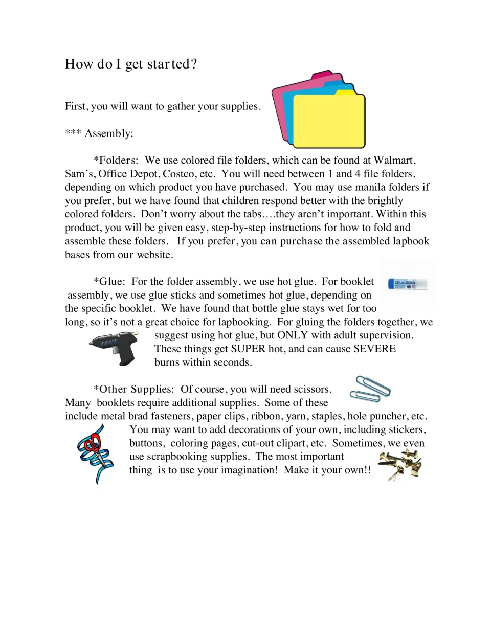 Lapbook supply guide covering file folders, glue, scissors, optional fasteners, and adult supervision for hot glue
