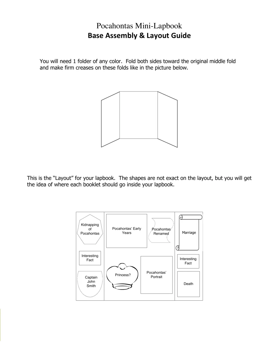 Lapbook assembly guide showing how to fold one file folder and where to attach all 10 Pocahontas components