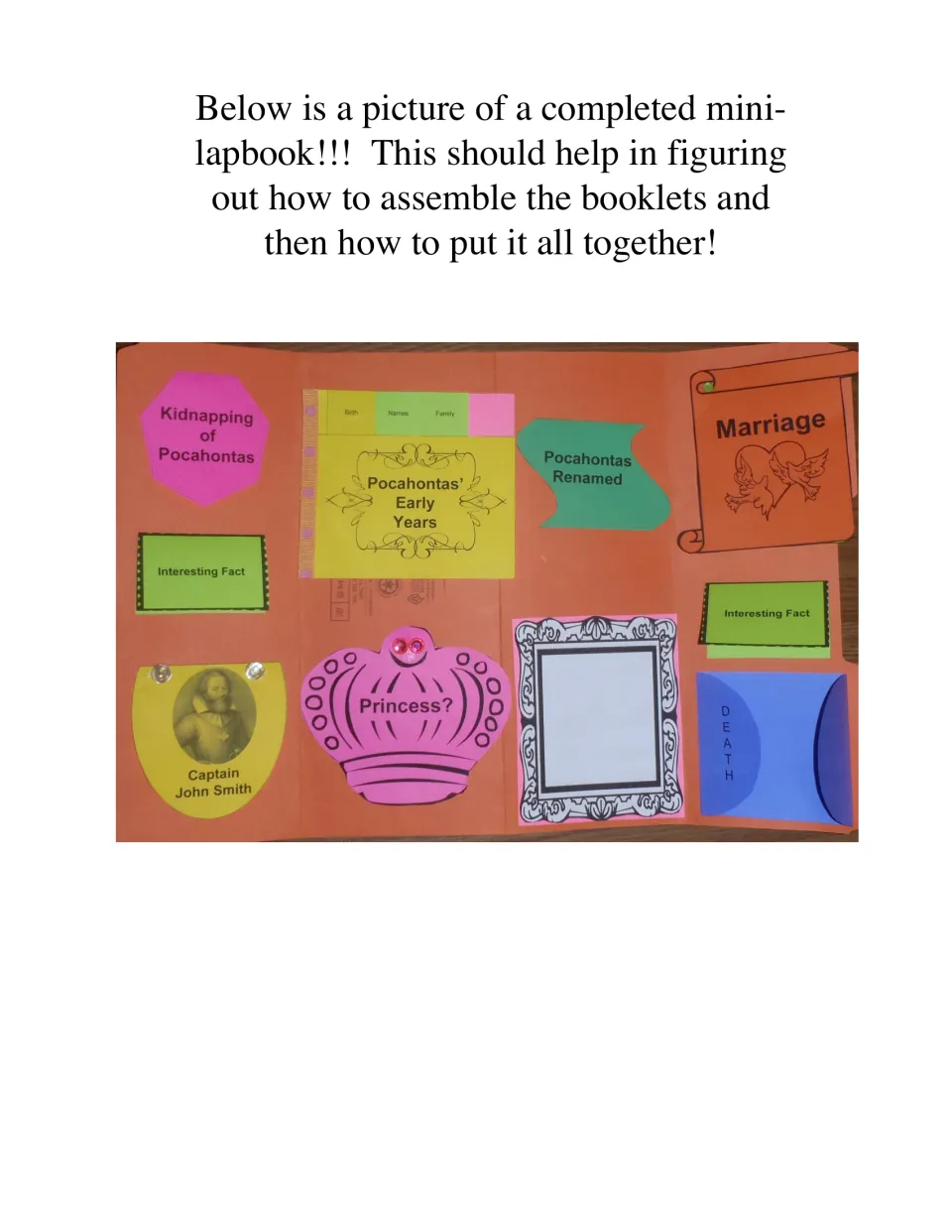Completed Pocahontas lapbook example showing the assembled booklets and portrait frame inside one file folder