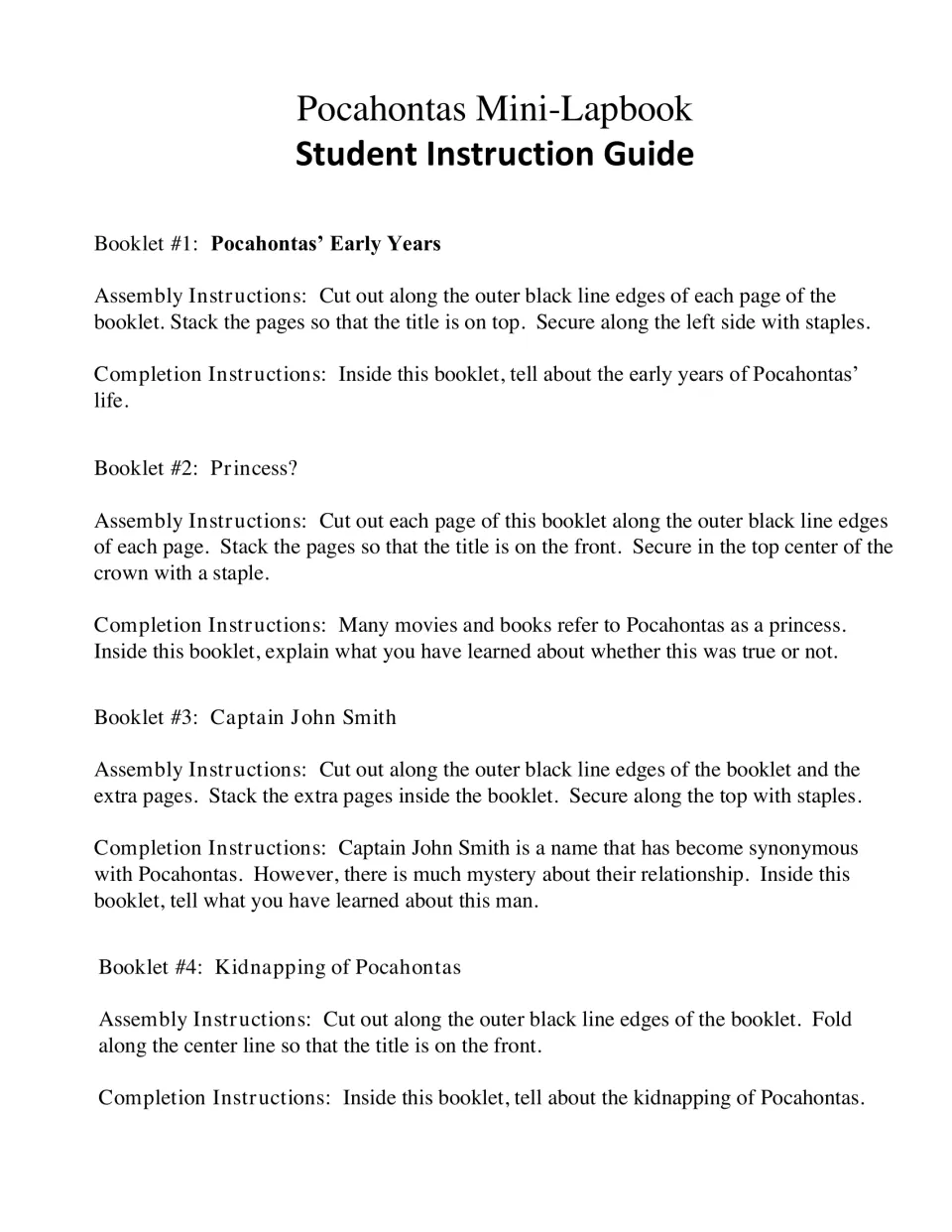 Instructions for lapbook booklets 1–4: Pocahontas' early years, the princess question, John Smith, and her kidnapping