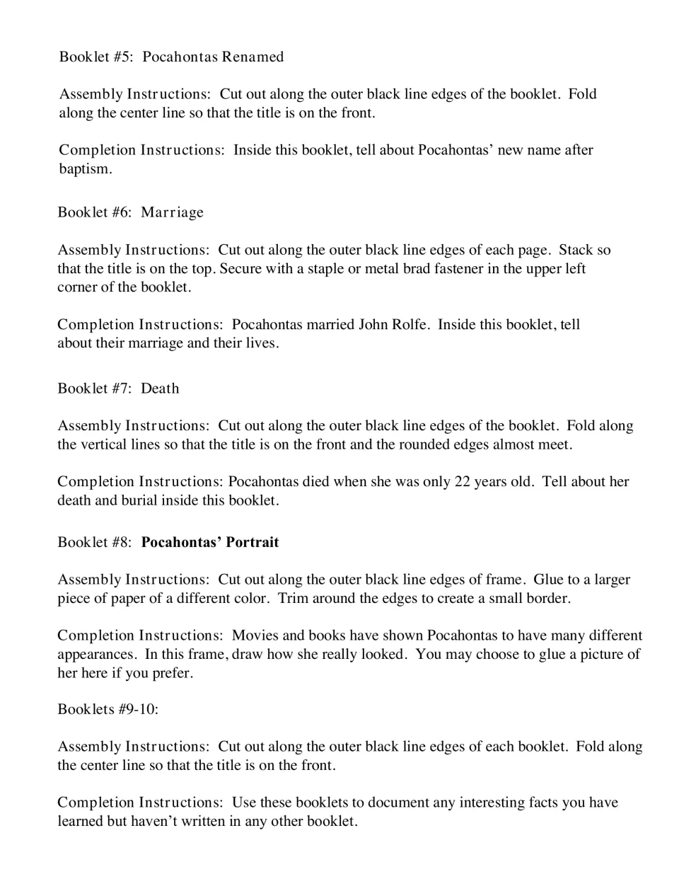 Instructions for lapbook components 5–10: Pocahontas' new name, marriage, death, portrait, and two fact booklets