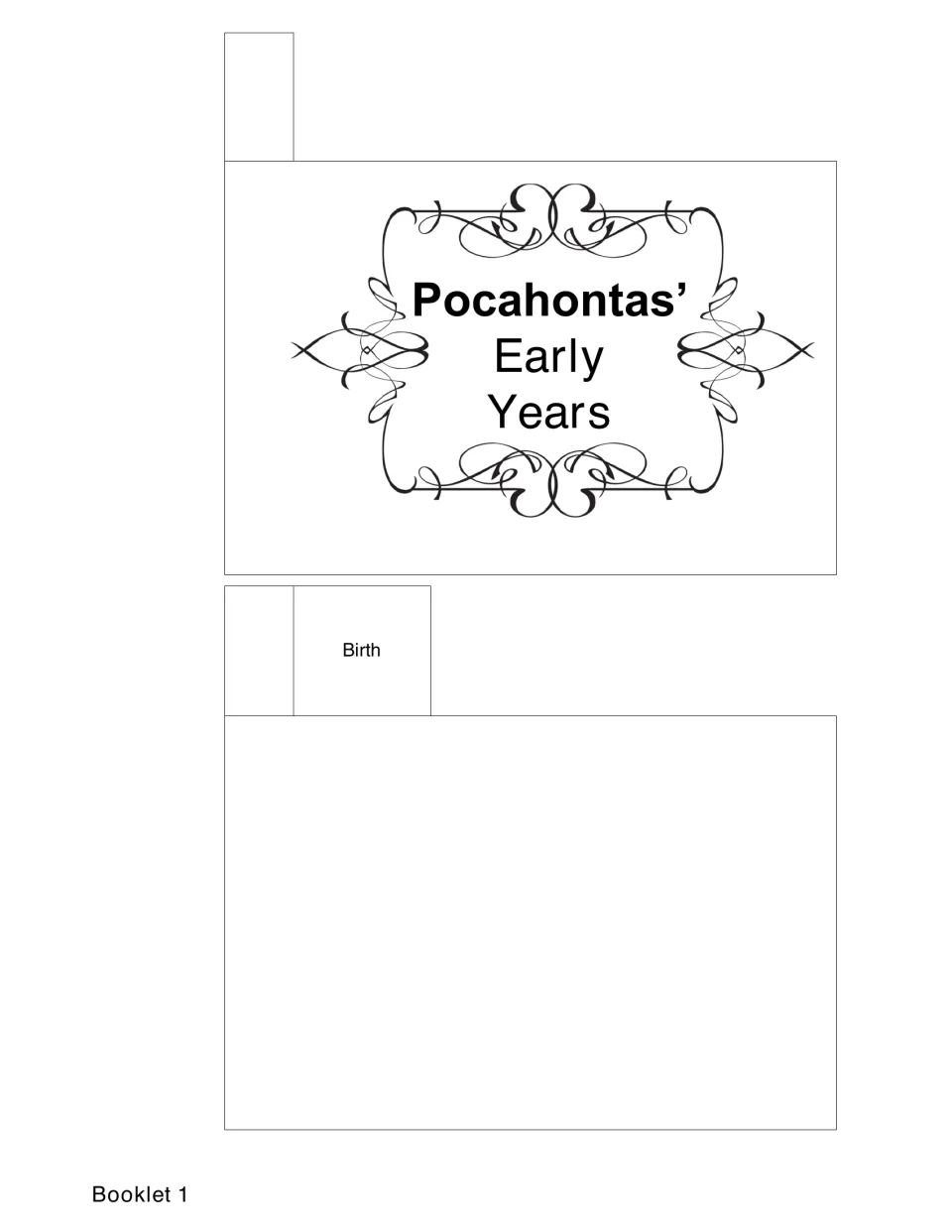 Early Years lapbook booklet template with a Pocahontas title page and a Birth tab for recording information