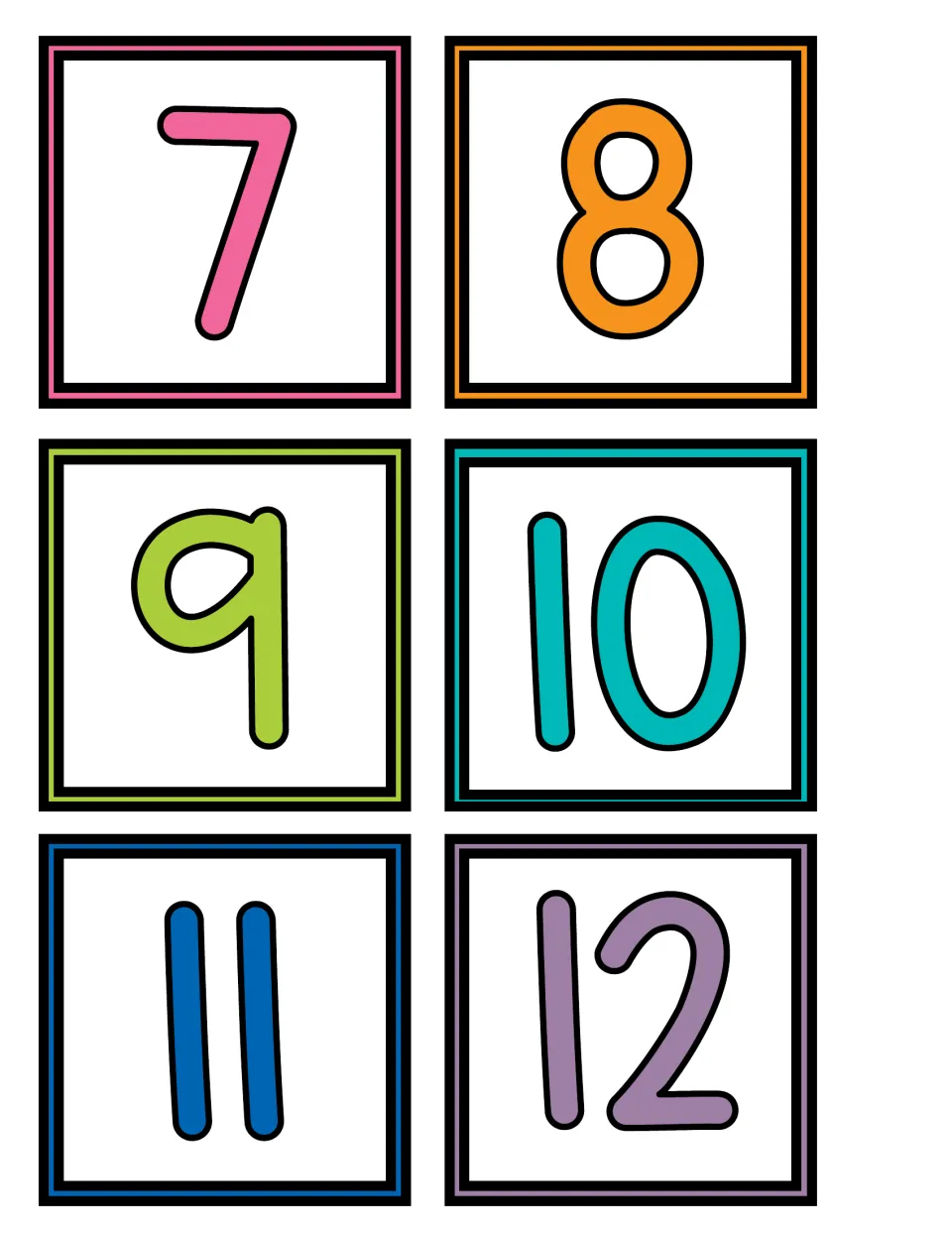 Pocket chart calendar date cards numbered 7, 8, 9, 10, 11, and 12, continuing the printable calendar set