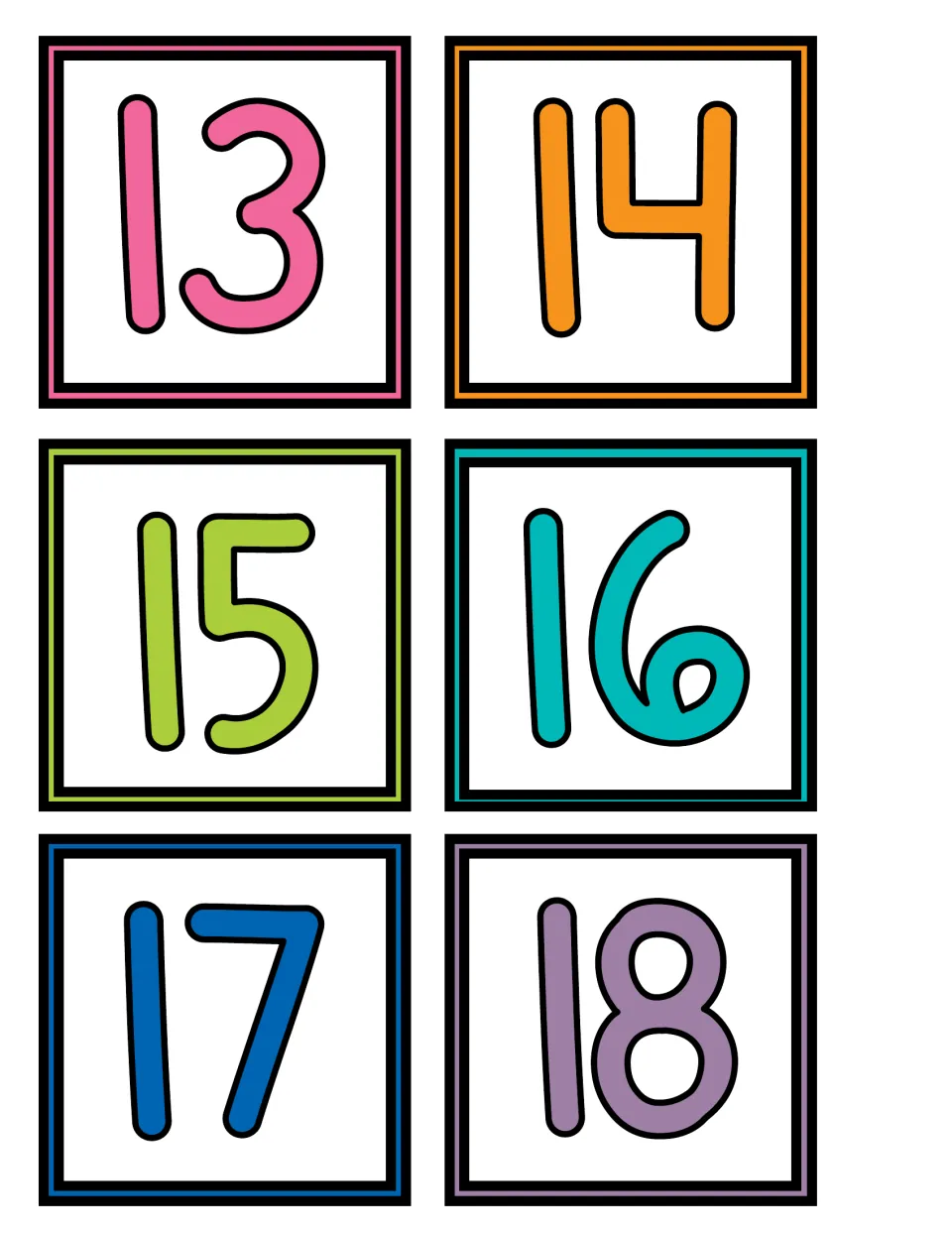 Pocket chart calendar date cards numbered 13, 14, 15, 16, 17, and 18, continuing the printable calendar set