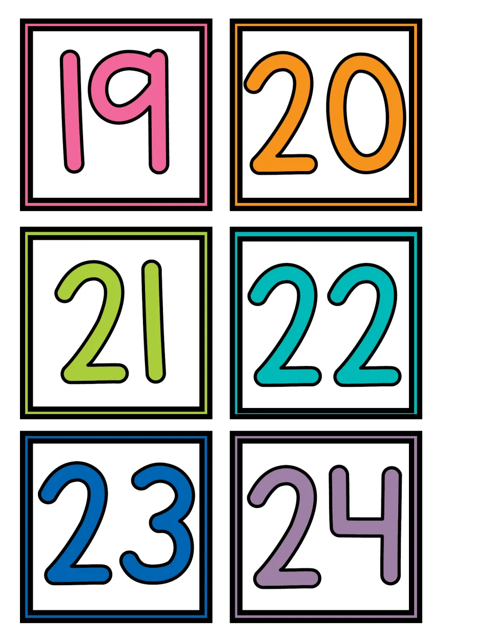 Pocket chart calendar date cards numbered 19, 20, 21, 22, 23, and 24, continuing the printable calendar set