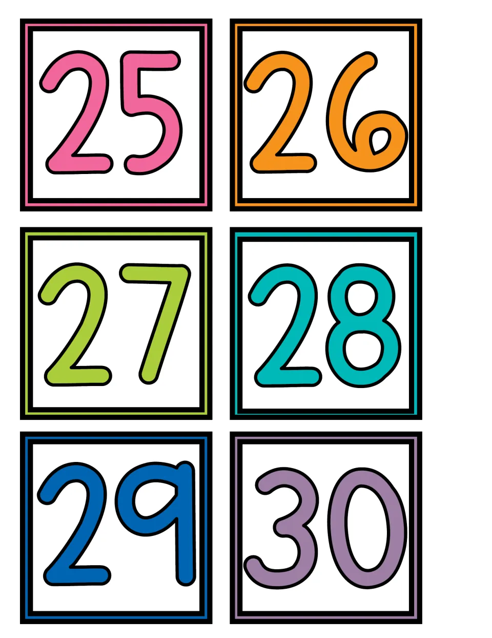 Pocket chart calendar date cards numbered 25, 26, 27, 28, 29, and 30, continuing the printable calendar set