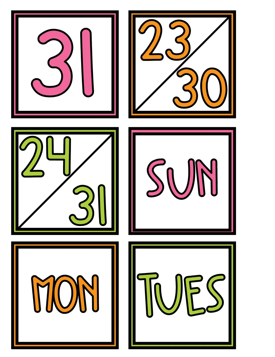 Pocket chart calendar cards showing date 31, combined dates 23/30 and 24/31, and weekdays SUN, MON, TUES