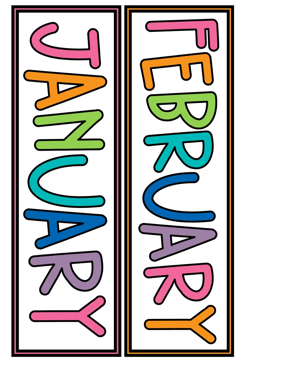Pocket chart calendar month labels reading JANUARY and FEBRUARY, printed two per sheet for calendar time