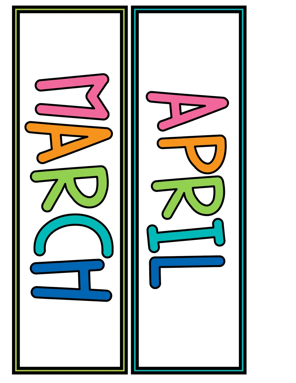 Pocket chart calendar month labels reading MARCH and APRIL, printed two per sheet for the calendar display