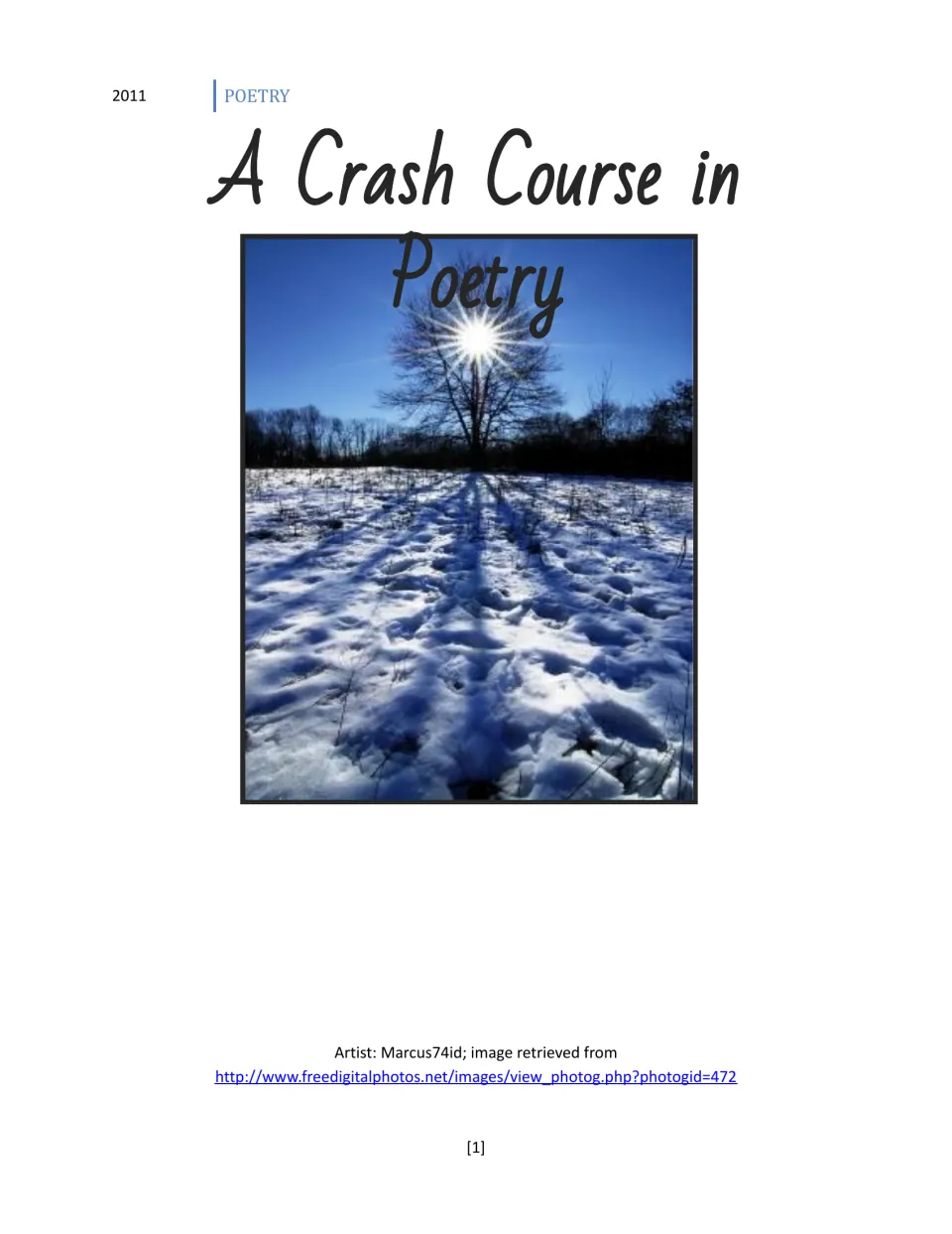 Cover of A Crash Course in Poetry, a 2011 poetry unit, showing a sunlit bare tree over a snowy field