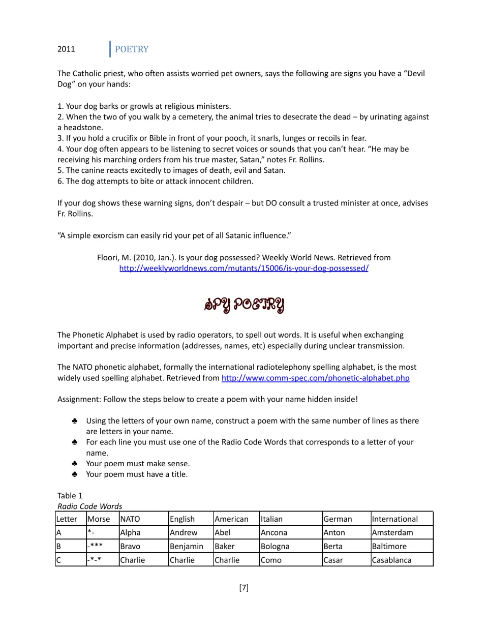 Spy Poetry: students write a poem hiding their name, using a radio code word per letter; ends the sample dog article