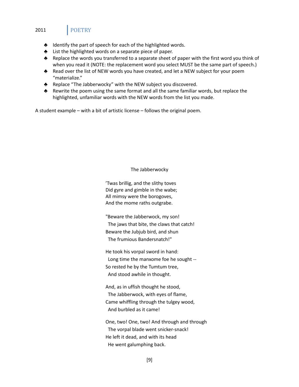 Jabberwocky rewrite steps: students swap nonsense words for same part-of-speech words; Lewis Carroll's poem follows